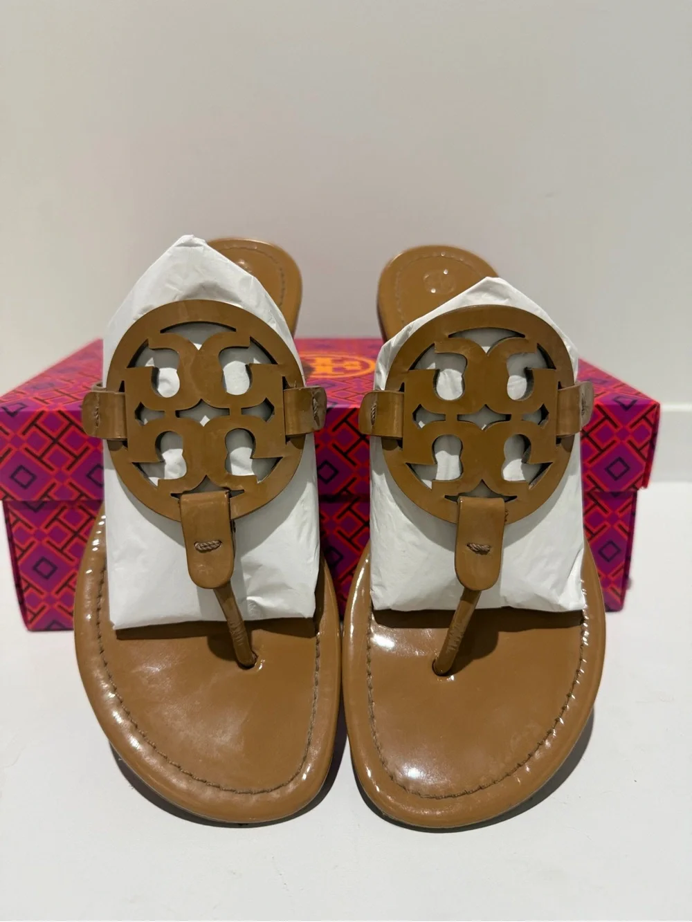 Tory Burch Tan Leather Miller Logo Thong Sandals